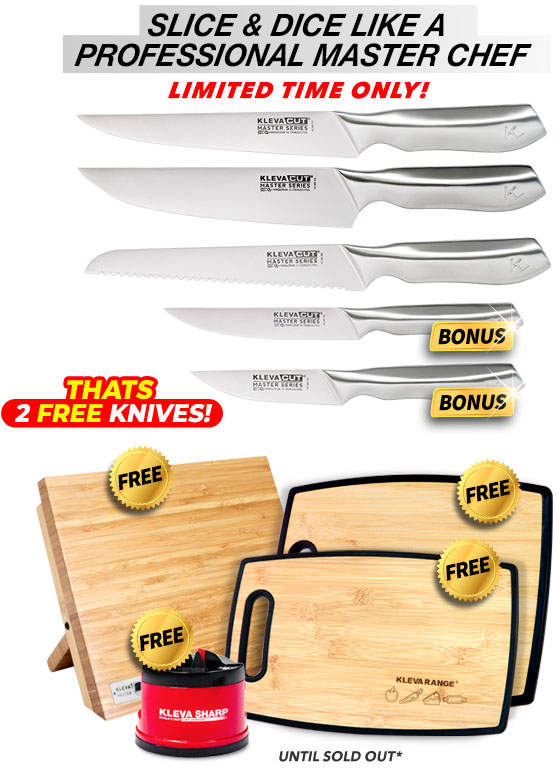 5 Piece, free bamboo knife block, free sharp original and free chopping boards