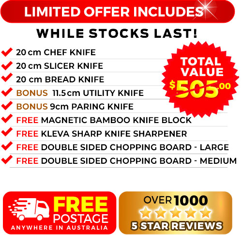 5 Piece, free bamboo knife block, free sharp original and free chopping boards
