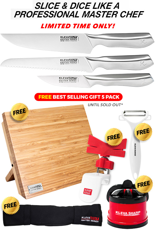 6 Piece Knife Set, Free Bamboo Block, Free Peeler, Free Kleva Edge, Free Knife Sharpener
