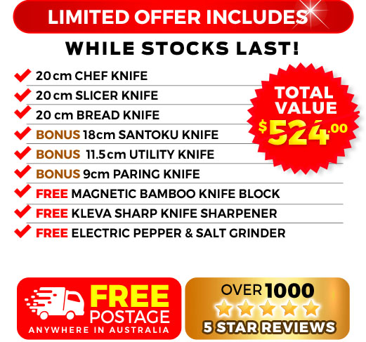 6 Piece, free bamboo knife block, free sharp original and free pepper grinder