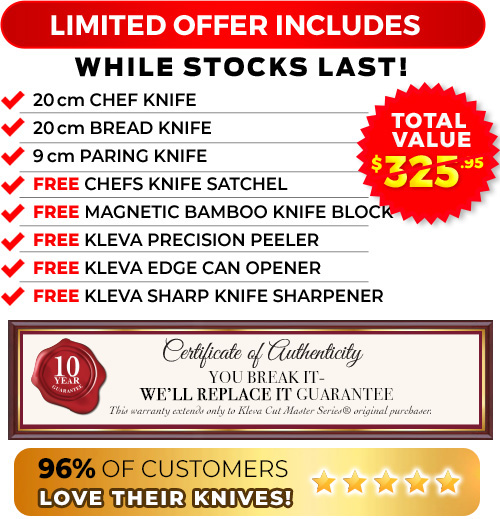 6 Piece, free bamboo knife block, free sharp pro and free knife satchel