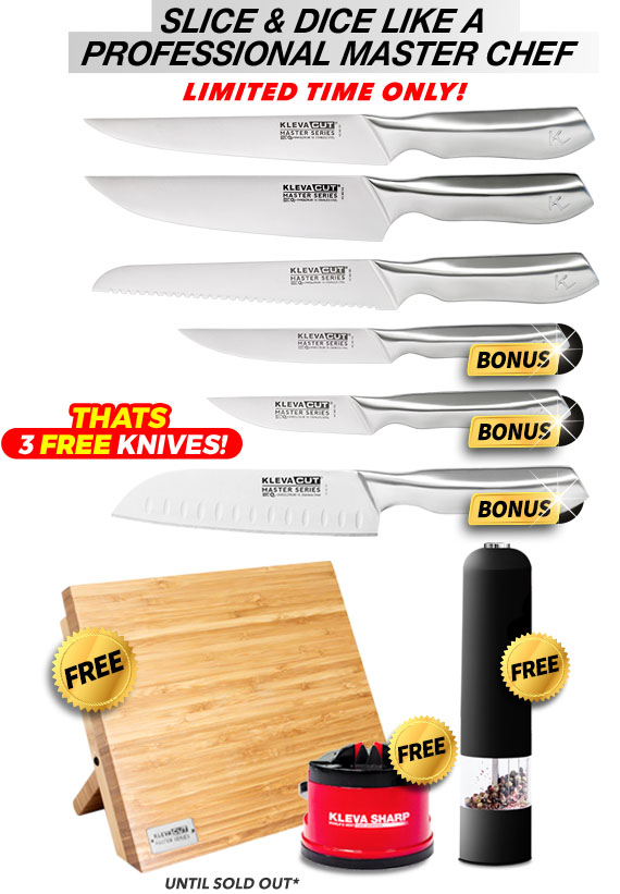 6 Piece, free bamboo knife block, free sharp original and free pepper grinder
