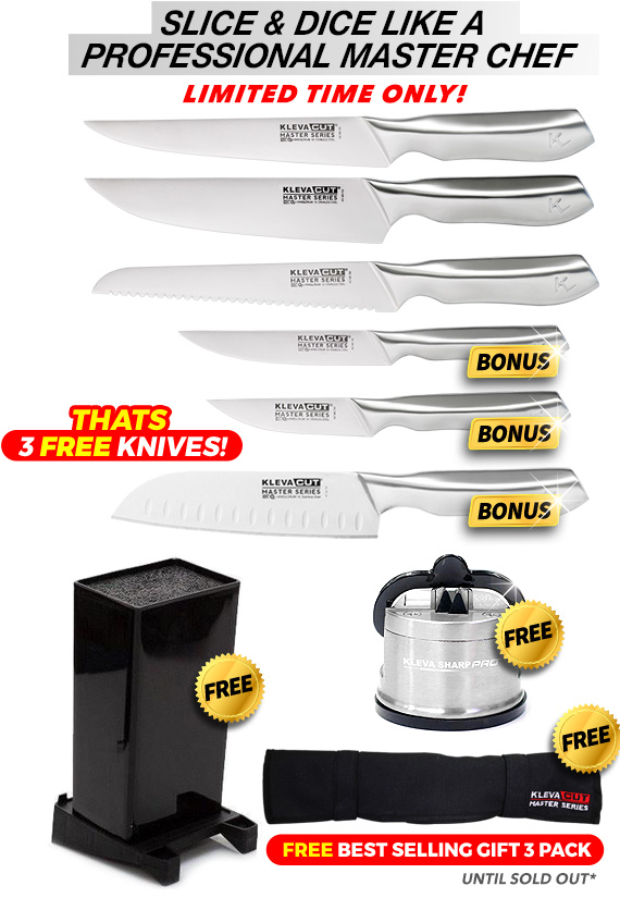 6 Piece, free bamboo knife block, free sharp pro and free knife satchel