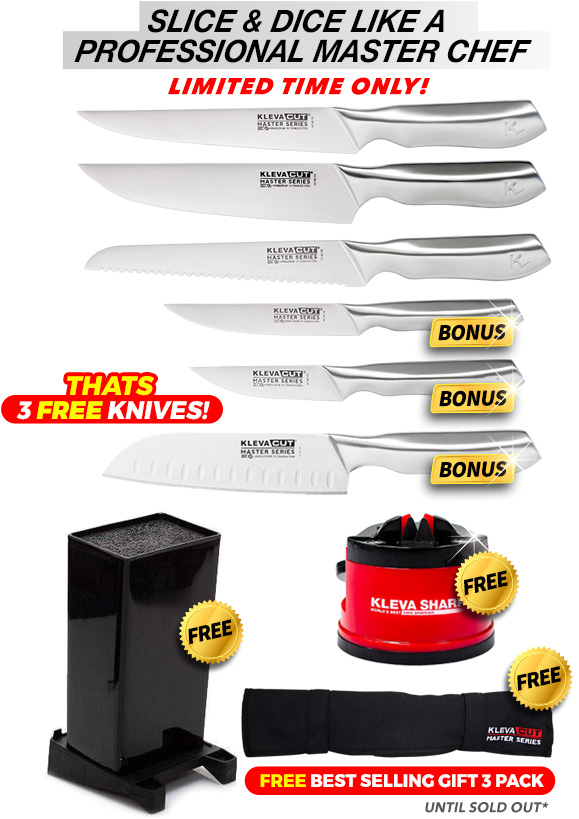 6 Piece, free bamboo knife block, free sharp pro and free knife satchel