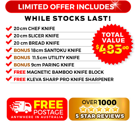 6 Piece, free bamboo knife block, free sharp pro and free knife satchel