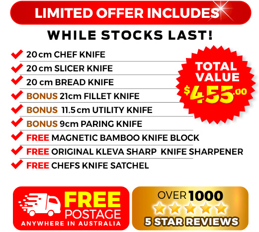 6 Piece, free bamboo knife block, free sharp pro and free knife satchel