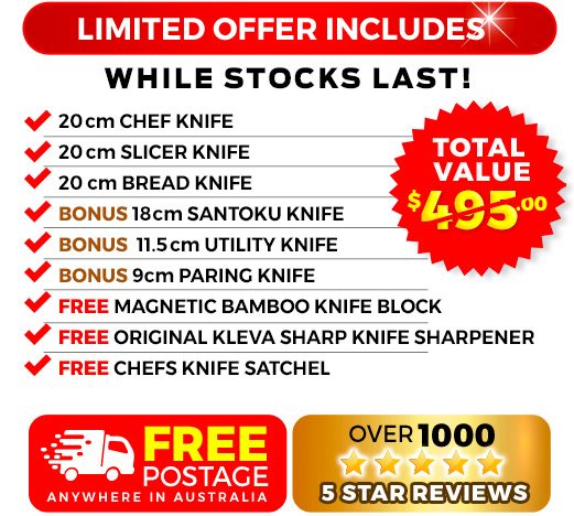 6 Piece, free bamboo knife block, free sharp pro and free knife satchel