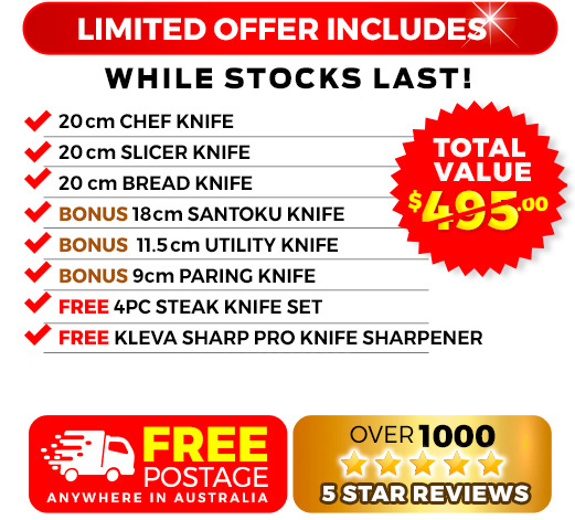 6 Piece, free bamboo knife block, free sharp pro and free knife satchel