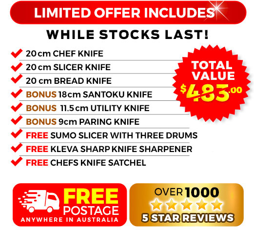 6 Piece, free bamboo knife block, free sharp pro and free knife satchel