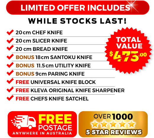 6 Piece, free bamboo knife block, free sharp pro and free knife satchel