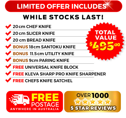 6 Piece, free bamboo knife block, free sharp pro and free knife satchel