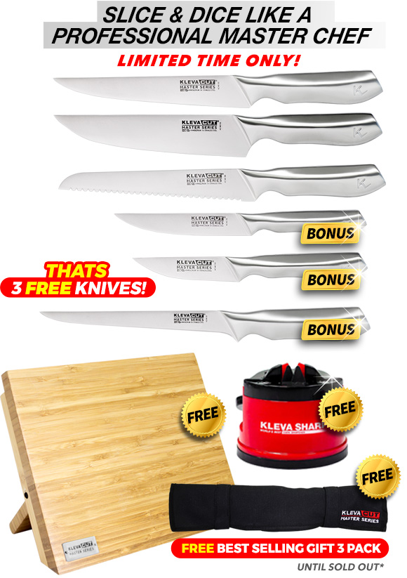 6 Piece, free bamboo knife block, free sharp pro and free knife satchel