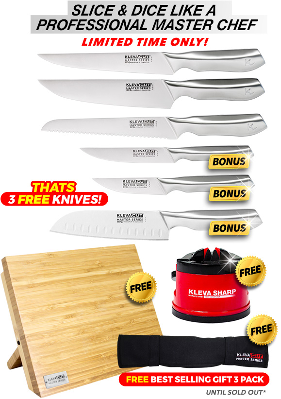 6 Piece, free bamboo knife block, free sharp pro and free knife satchel