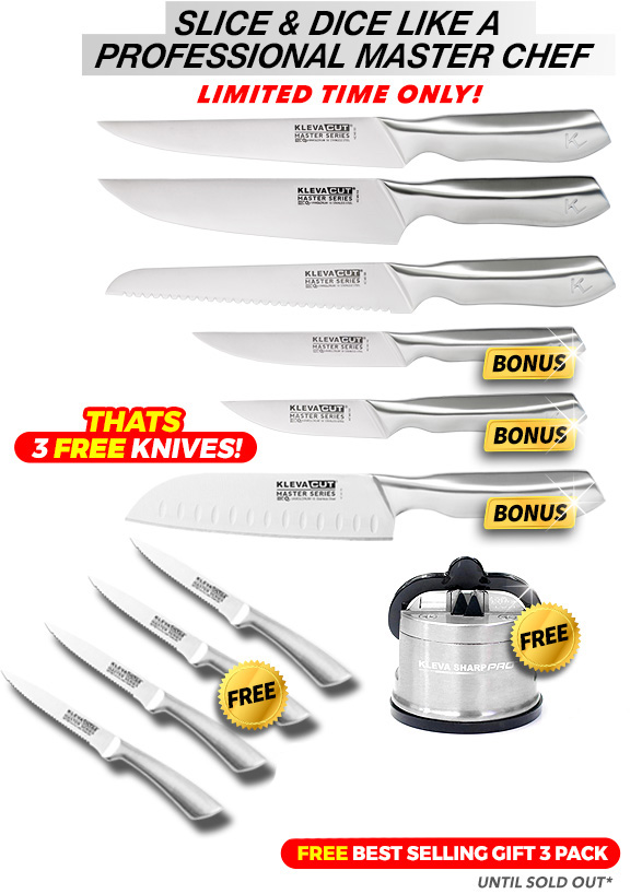 6 Piece, free bamboo knife block, free sharp pro and free knife satchel