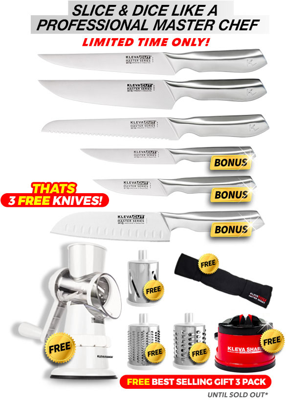 6 Piece, free bamboo knife block, free sharp pro and free knife satchel