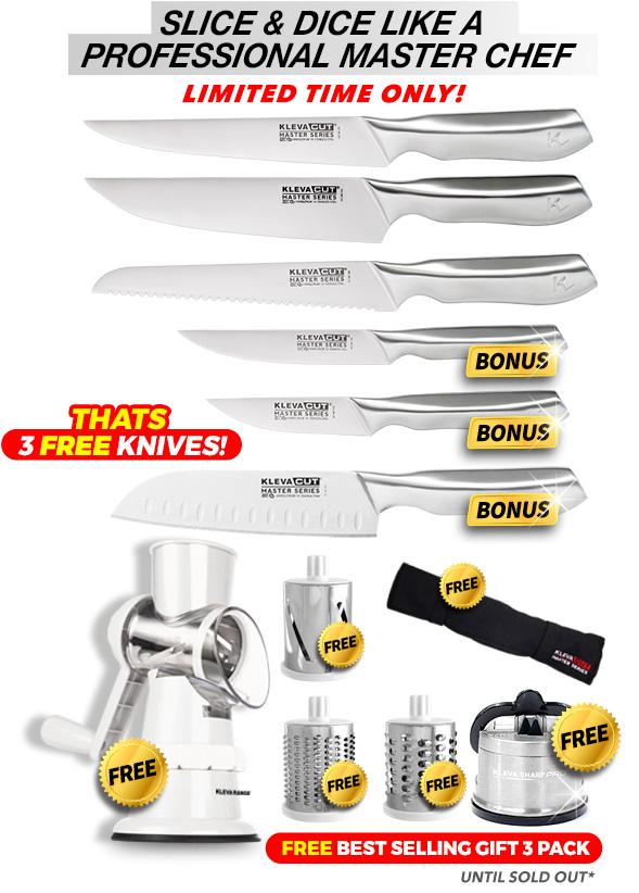 6 Piece, free bamboo knife block, free sharp pro and free knife satchel