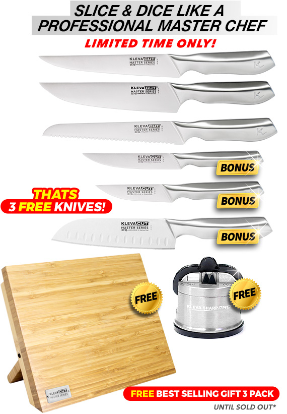 6 Piece, free bamboo knife block, free sharp pro and free knife satchel